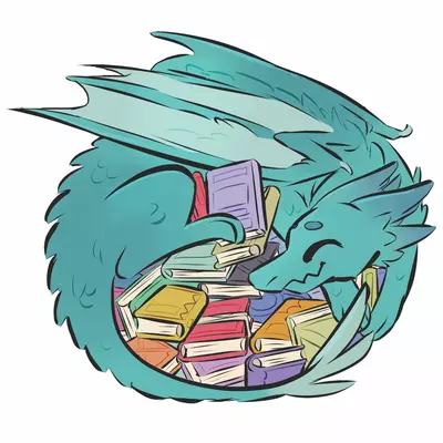 Dragon wrapped around a pile of books.